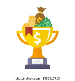 Golden Cup Championship Prize With Money Icon. Award First Place Flat Style Isolated On White Background