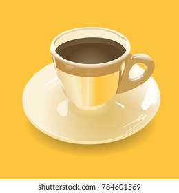 golden cup of coffee on a yellow background