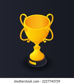 Golden cup concept. Success and achievement. Motivation and leadership. Prize for best worker or winner in competitions, trophy. Poster or banner for website. Cartoon isometric vector illustration