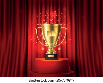 Golden cup with curtain. Realistic champion goblet