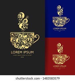 Golden cup emblem design. Vector illustration. Can be used for drink, food and other packaging types. Great for logo, monogram, invitation, flyer, menu, brochure, background or any desired idea.