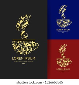 Golden cup emblem design. Vector illustration. Can be used for drink, food and other packaging types. Great for logo, monogram, invitation, flyer, menu, brochure, background or any desired idea.