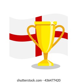 Golden cup with english flag on white background. Concept of championship, league, team sport. Concept of prize, leadership, winning and success. Winner award.