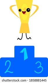 golden cup for first place cartoon character jumping on a pedestal object on white background concept of sport and success