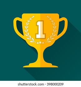 Golden cup flat design, reward for victory, with laurels wreath and number 1, with long shadow, vector