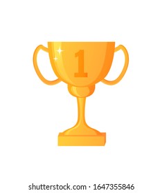 Golden cup, glossy prize, first place, winner symbol, championship element of goal, first place, flat design style of shiny award, trophy equipment vector