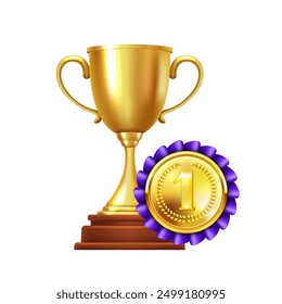 Golden cup and gold medal. Vector 3D clipart isolated on white background.