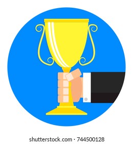 Golden cup in hand icon flat cartoon. Winner leadership hand trophy, reward, and victory, triumph badge label. Vector illustration