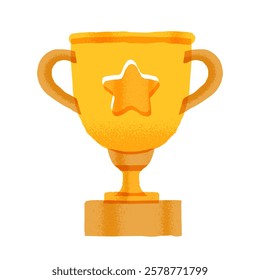 Golden cup with handles, pedestal and star. Isolated icon of award for winner of challenge or competition. Successful completion of project. Reward for workers or champions, vector illustration