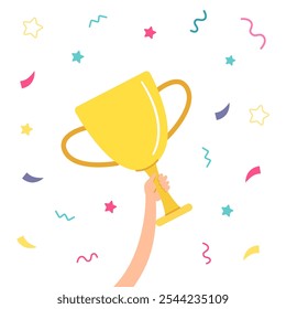 Golden cup icon with confetti background. Gold trophy sign. Hand holds winner award. Champion prize of win in sport game or tournament. Flat vector illustration isolated on transparent.