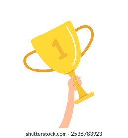 Golden cup icon. Gold trophy sign with number 1. Hand holding winner award. Champion prize of win in sport game or tournament. Flat vector illustration isolated on transparent background.