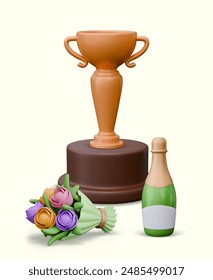 Golden cup on pedestal, bouquet of flowers, bottle of champagne