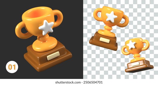 Golden cup on wooden stand. Metal precious bowl with star. Set of vector cute 3D templates