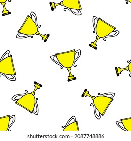 golden cup pattern. seamless pattern in the form of a yellow cup in the style of doodles, randomly placed on a white background. reward, side view. the number one winner symbol in sports 