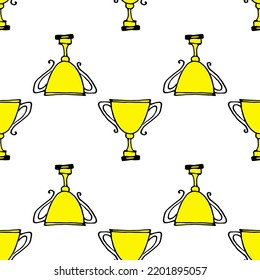golden cup pattern. seamless pattern in the form of a yellow cup in the style of doodles, often placed on white. reward, side view. the number one winner symbol in sports for the design template