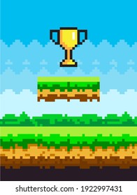 Golden cup pixel-game art illustration. Icon of shiny pixel trophy successful completion of game. Pixelated reward for champions, prize for winner in natural landscape background with grass platform