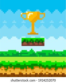 Golden cup pixel-game art illustration. Icon of golden trophy successful completion of game. Pixelated reward for champions, prize for winner in natural landscape background with grass platform