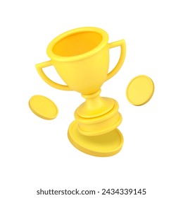 Golden cup reward champion leader award business coin cash money trophy achievement 3d icon realistic vector illustration. Best honor guarantee respect prize first place tournament win victory