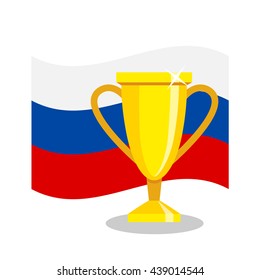 Golden cup with russian flag on white background. Concept of championship, league, team sport. Concept of prize, leadership, winning and success. Winner award.