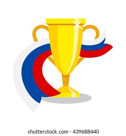 Golden cup with russian flag on white background. Concept of championship, league, team sport. Concept of prize, leadership, winning and success. Winner award.