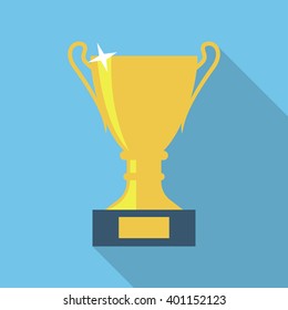 Golden cup with shadow. Trophy cup flat icon. First place. Vector flat goblet illustration.
