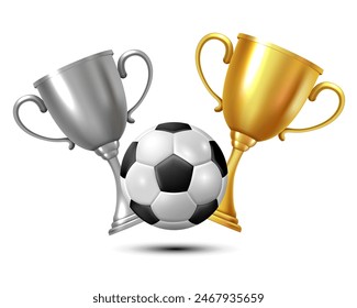 Copa de oro, copa de plata y balón de fútbol. Vector Clipart 3D aislado sobre fondo blanco.