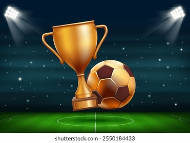 Golden cup and soccer ball on the background of football stadium. Stock vector illustration