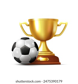 Copa de oro y balón de fútbol. Vector Clipart 3D aislado sobre fondo blanco.