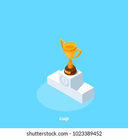 The golden cup stands on the top step of the pedestal, isometric image