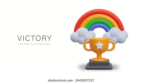 Taza dorada con estrella en pedestal, arco iris en las nubes. Vector ganando composición