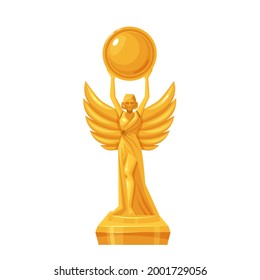Golden cup statue. First place winner, prize, award. Isolated vector icon of golden trophy first place cartoon style.