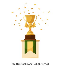 Golden cup strewn with confetti on a white background. Prize, award for the winner of a competition or championship.