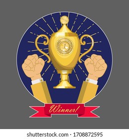 Golden cup surrounded by rays and two hands clenched into a fist. At the bottom of the image is a ribbon with the inscription Winner. Icon, symbol, sign, emblem. Vector illustration