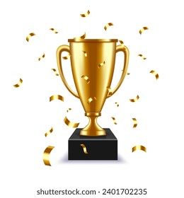 Golden cup. Tournament award, gold trophy with falling confetti. Competition winner reward vector illustration of competition golden winner, gold award