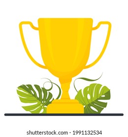 Golden cup, trophy. Achievement in education, study award, distance learning, business goal, idea, online courses. Concept best score winner prize, successful. Success celebration. Vector illustration