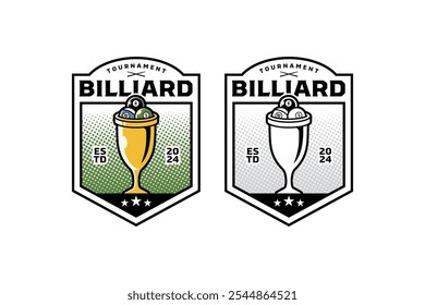 golden cup trophy with billiard balls badge logo design set for billiard sport and competition. gold chalice with snooker, pool balls colorful and outline illustration modern logo collection 