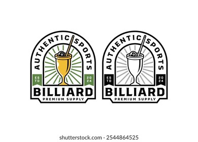 golden cup trophy with billiard balls and cue badge logo design set for billiard sport and competition. gold chalice with pool ball, stick illustration modern logo collection for snooker sport 