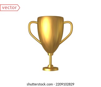 Golden cup. Trophy cup. Champion trophy, shiny golden cup, sport award. Winner prize, champions celebration concept. Realistic 3d design element isolated on white background. 3D Vector illustration