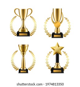 Golden cup trophy with laurel. Sports music or other competitions winner awards, realistic victory goblet with wreath frame. Congratulations ceremony, symbol of leadership and success, vector set