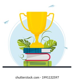 Golden cup, trophy on a stack of books. Achievement in education, study award, distance learning, business goal, idea, online courses. Success celebration. Vector illustration.