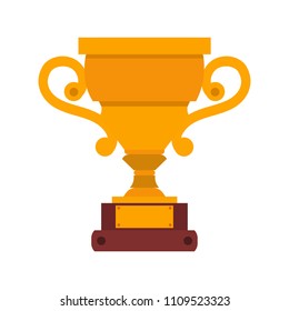 Golden cup trophy winner award. Gold symbol prize football team champion vector. Yellow victory sport metal background. Success competition graphic. First place world flat championship reward medal. 