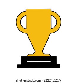 Golden cup trophy winner award. Gold symbol prize football team champion vector. Yellow victory sport metal background. Success competition graphic. First place world flat championship reward medal. 