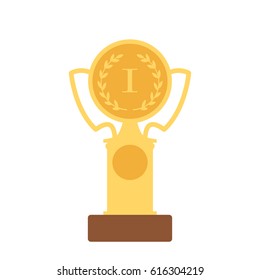 Golden cup vector illustration isolated on blue background, gold cup icon with winner 1st place pedestal, shiny yellow cup golden flat cartoon design