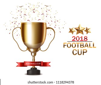 Golden cup Vector realistic. Football finals Competition. Mock up design 3d Flyer template golden backgrounds