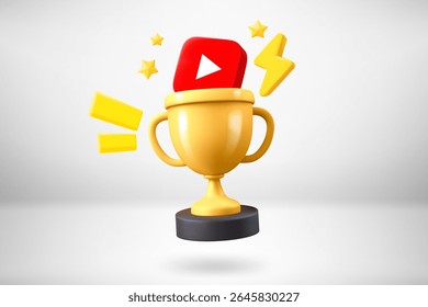 Copo dourado com ícone do reprodutor de vídeo. ilustração de vetor 3d 
