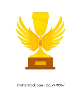 Golden cup with wings for winners vector illustration. Golden trophy or prize for award ceremony, reward for winning sports contest on white background. Competition, victory concept