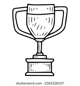 Golden cup of the winner. Hand drawn doodle illustration. Award for victory in sports games. Prize, trophy. Ceremonial presentation of a memorable object. Win. Metallic. Vector line art.