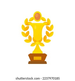 Golden cup with wreath for winners vector illustration. Golden trophy or prize for award ceremony, reward for winning sports contest on white background. Competition, victory concept