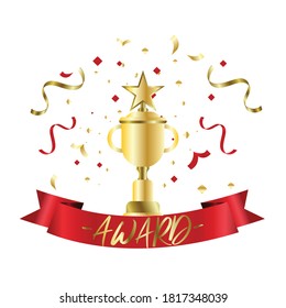 Golden cups award for winners and others sport trophy. Golden reward and gold trophy for championship. Vector illustration