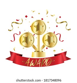 Golden cups award for winners and others sport trophy. Golden reward and gold trophy for championship. Vector illustration